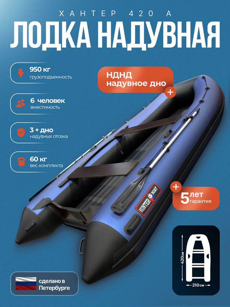 Лодка пвх под мотор Хантер 420 А, синине черная