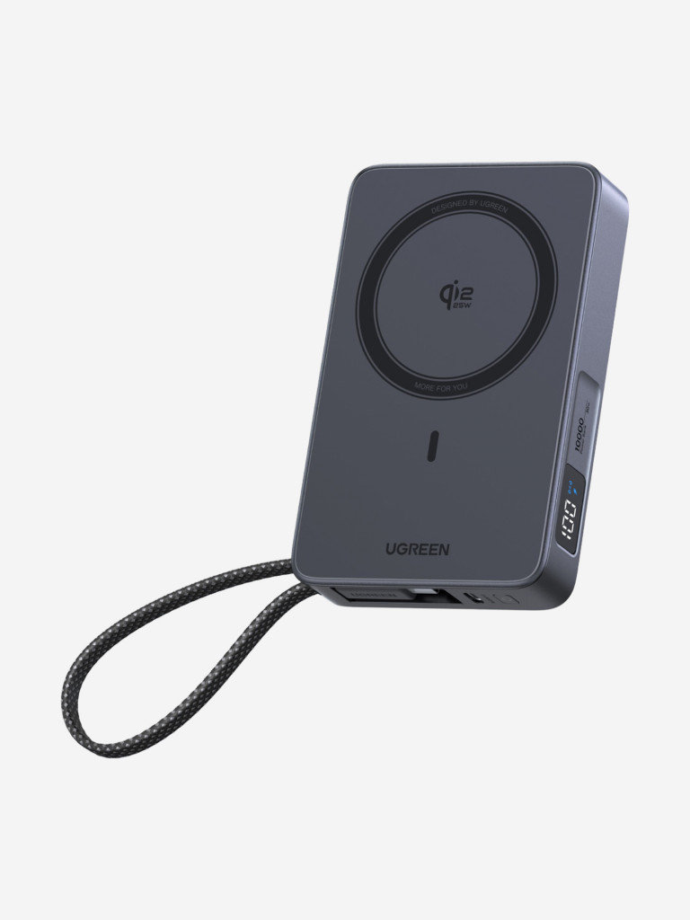 Внешний аккумулятор UGREEN PB773 (85956B) "MagFlow" 30W W-less 10000mAh Qi2.2 Power Bank&Built-in Cable (CCC) со встроенным кабелем USB-C