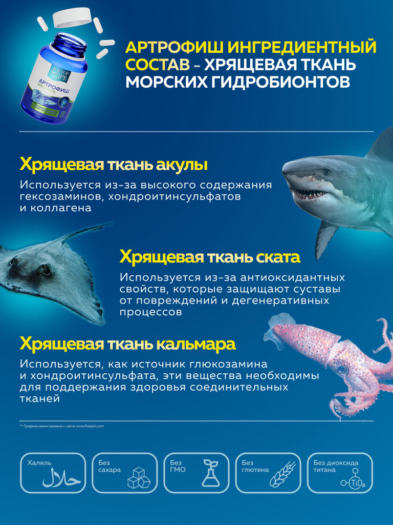 Артрофиш, хондропротектор для суставов и связок, морской коллаген 1 и 3 типа, глюкозамин, хондроитин, MSM, 120 капсул / Доктор Море