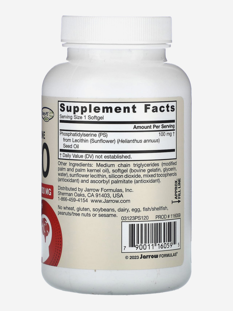 Бад, витамины, для мозга, фосфатидилсерин, для памяти, для женщин и мужчин, Jarrow Formulas PS100 100 mg, 120 softgels