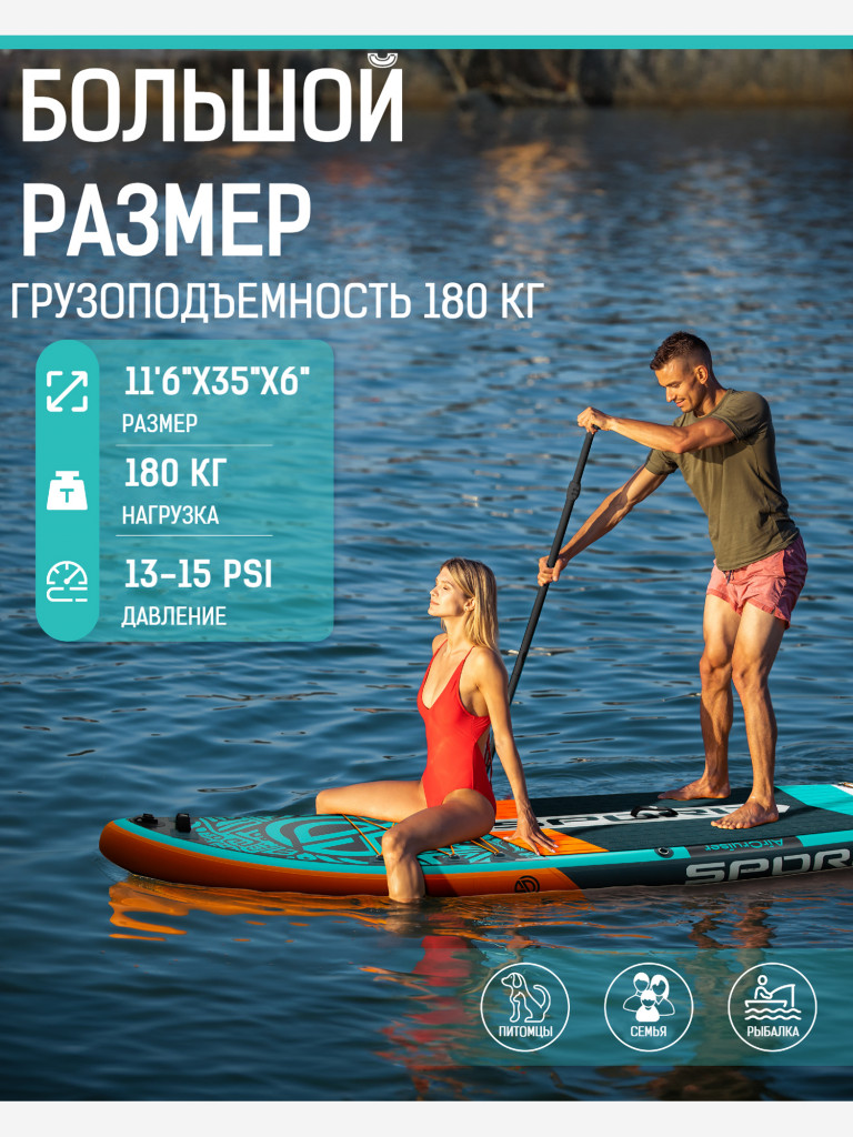 Надувная двухслойная SUP-доска SPORIT AIR CRUISER BLUE GREEN PRO, 11'6 351*86*15 см, сапборд