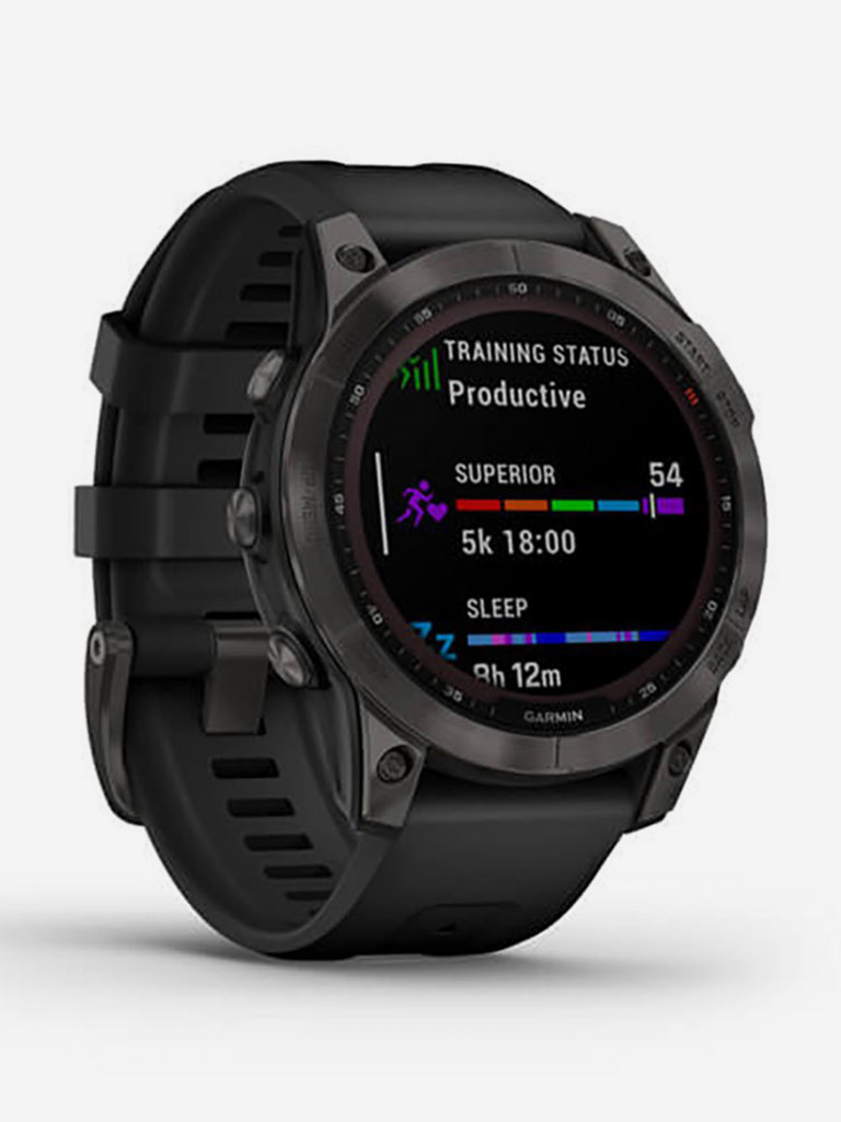 Спортивные титановые наручные часы Garmin Fenix 7 Sapphire Solar Carbon Gray DLC Titanium с силиконовым ремешком