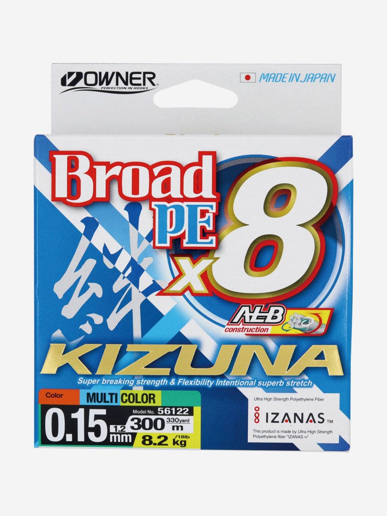 Шнур OWNER Kizuna X8 Broad PE multi color 10м 300м 0,15мм 8,2кг
