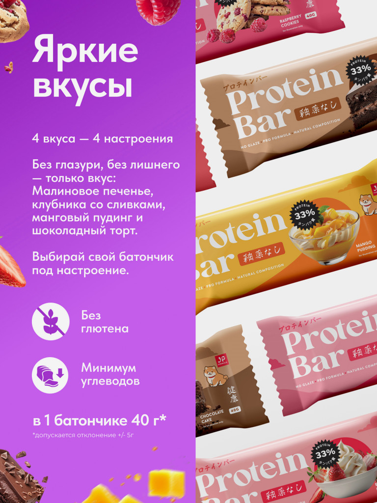 Протеиновые батончики без сахара, без глазури, Ассорти вкусов, 16шт