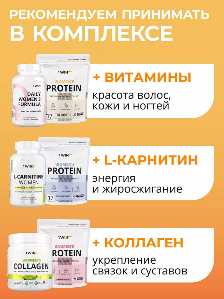 Протеин сывороточный женский с витаминами 1WIN вкус пломбир, 17 порций