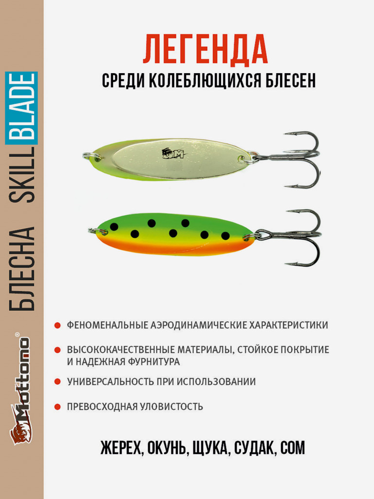 Блесна колеблющаяся для рыбалки Mottomo Skill Blade 10.5g Fire Tiger. Колебалка на жереха, щуку, окуня, голавля, форель, судака, сома