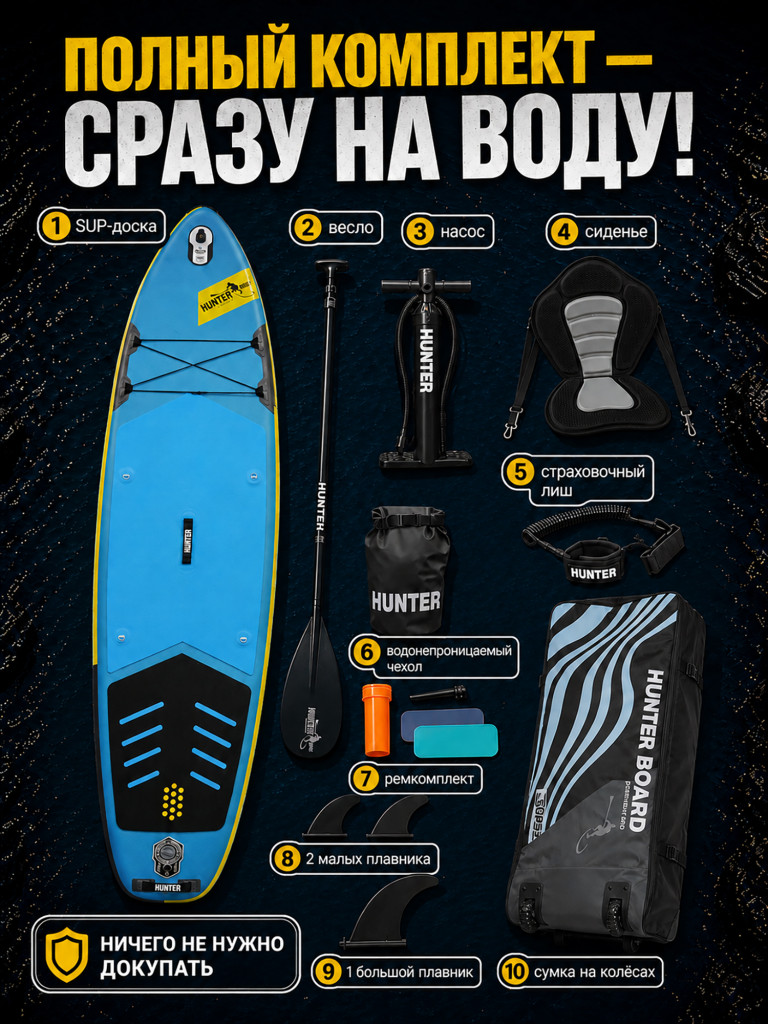 Sup-доска Hunterboard ACTIVE 10,6', 320х81х15 см, Yellow/Blue