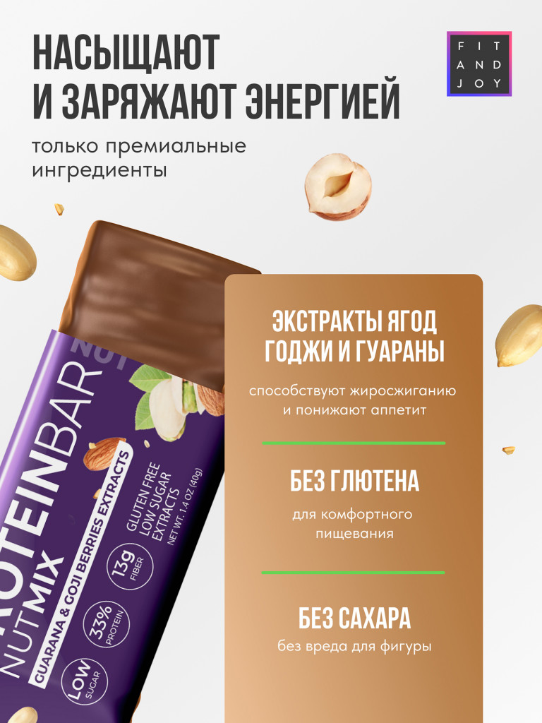 Протеиновые батончики с экстрактами без сахара 16шт Ореховый микс