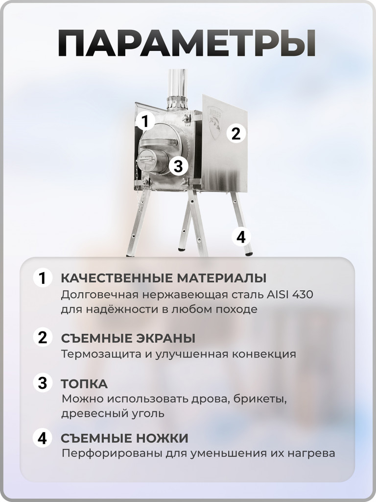 Печь для зимней палатки Экономка Малая Берег, съемные экраны, туристическая, походная