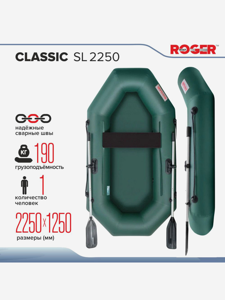 Лодка надувная ПВХ ROGER Classic-SL 2250, лодка роджер гребная (зеленый)