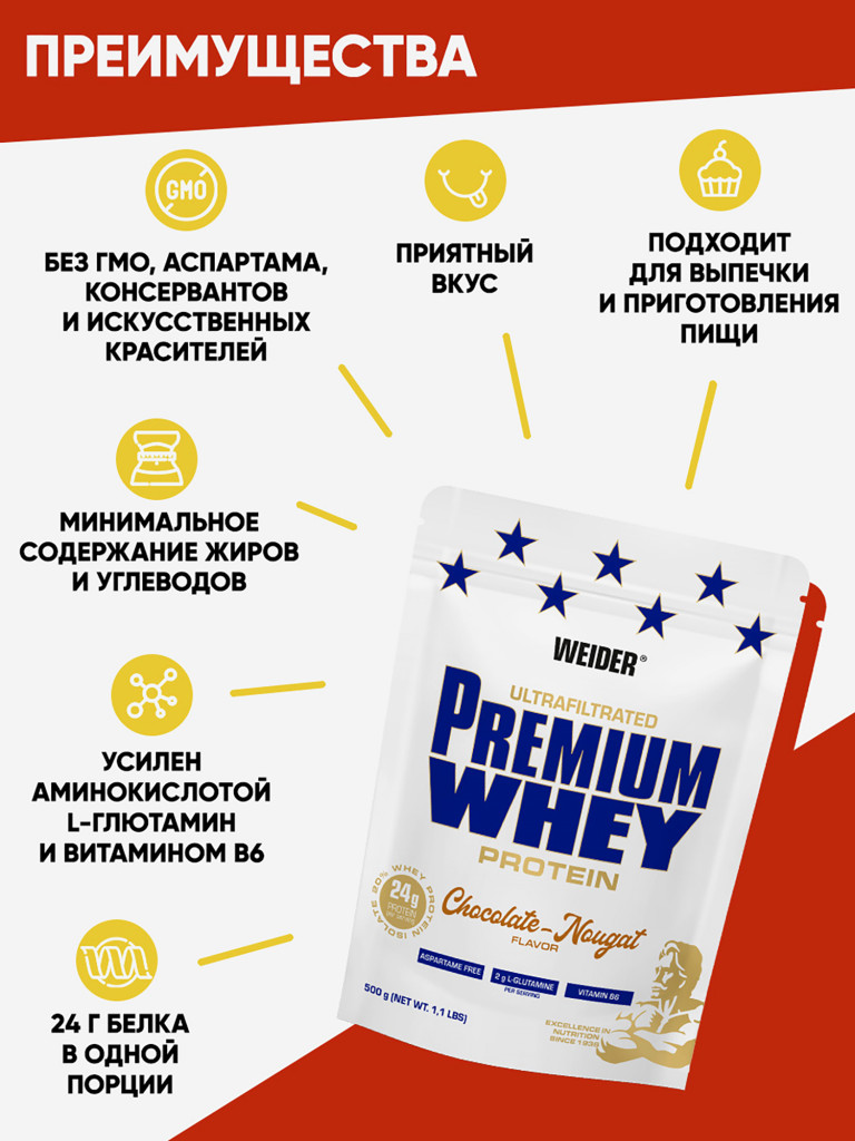 Сывороточный протеин WEIDER, 500 гр 17 порций для набора мышечной массы, шоколад-нуга