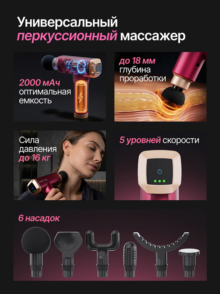 Перкуссионный массажер для тела, шеи и спины DFC VM-BR Фуксия, 6 насадок