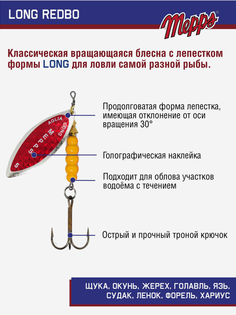Блесна вращающаяся для рыбалки Mepps LONG REDBO на щуку, окуня