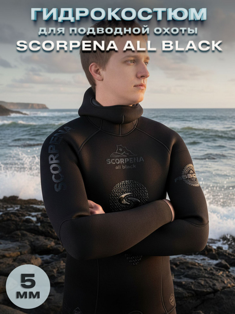 Гидрокостюм Мужской SCORPENA AllBlack, 5 мм