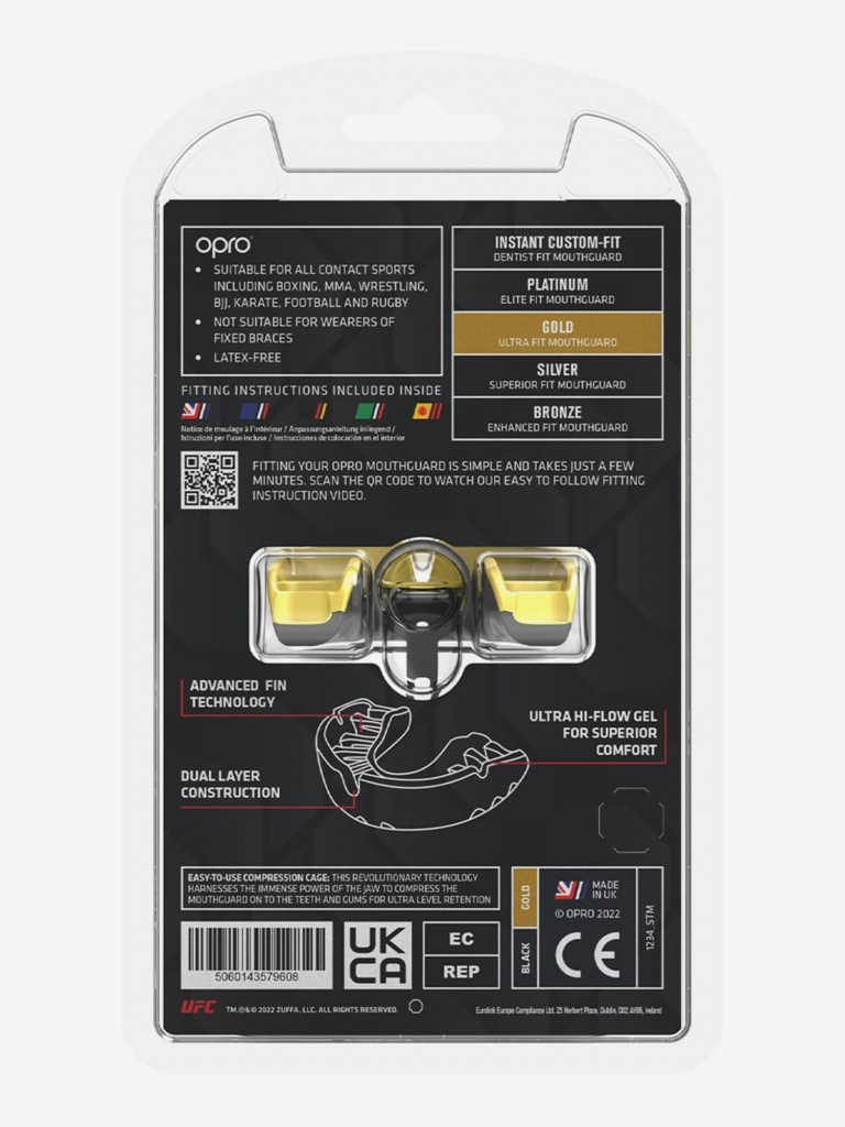 Боксерская капа взрослая, спортивная, защитная для зубов OPRO Self-Fit Gold UFC - Black/Gold