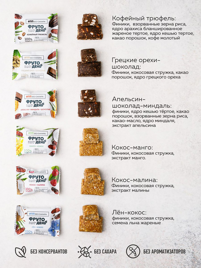 Финиковые конфеты Фрутодень ассорти 6 вкусов , 450 г