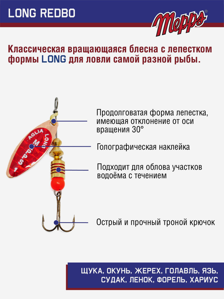 Блесна вращающаяся для рыбалки Mepps LONG REDBO на щуку, окуня