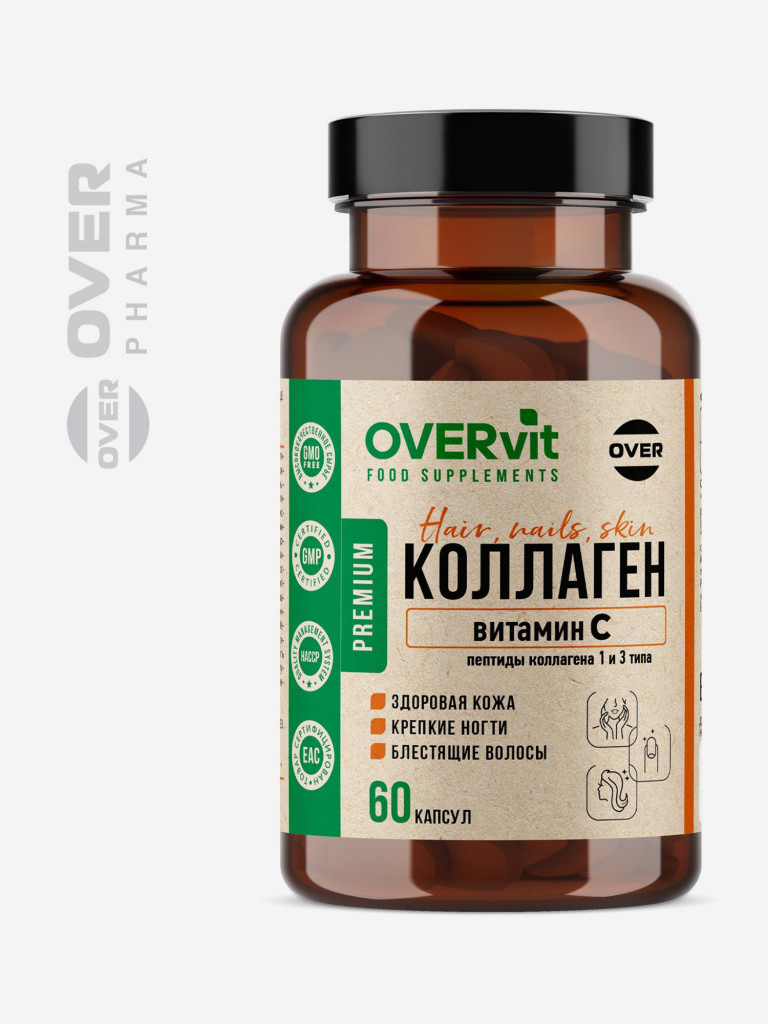 Говяжий коллаген с витамином С OVERvit, для суставов и связок гидролизованный коллаген 60 капсул