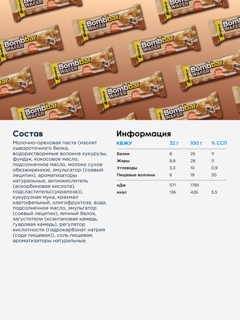 Протеиновые вафельные батончики 12 шт. Bombbar без сахара "Капучино", 32г. х 12шт.