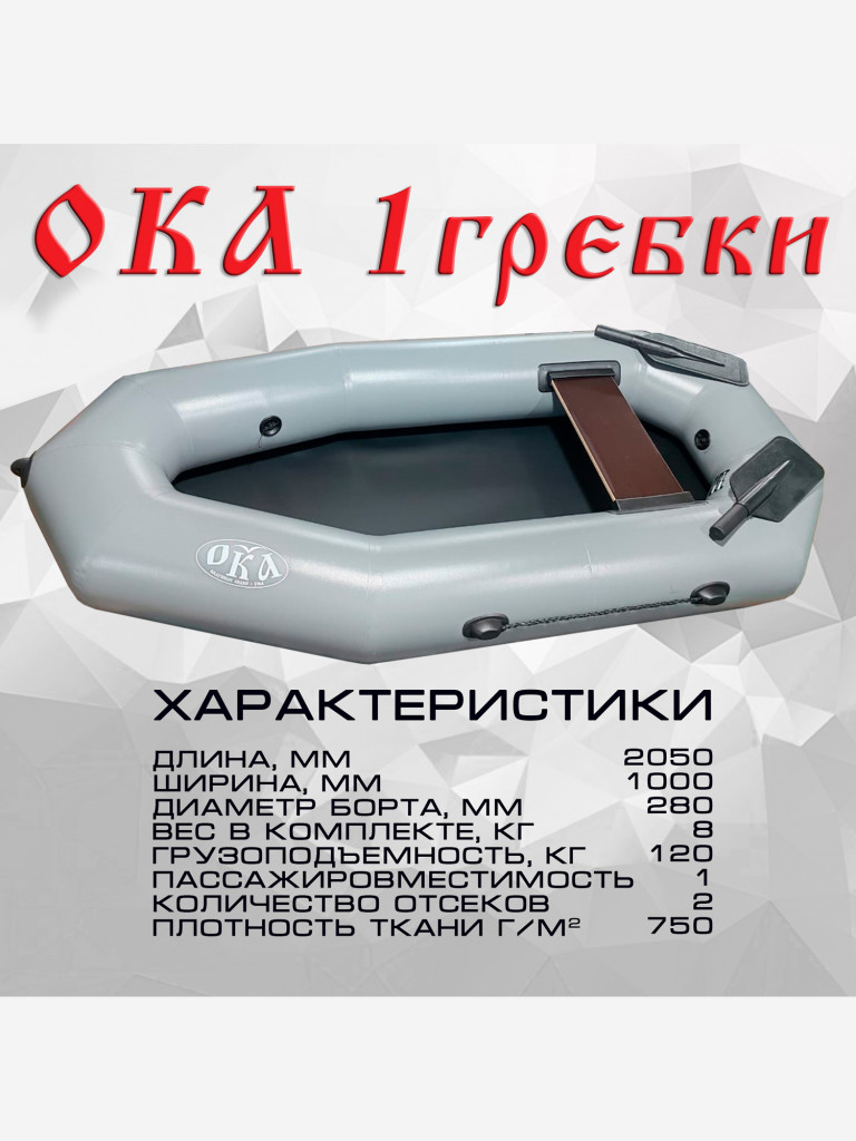 Надувная лодка Ока 1 гребки (205 см) гребная, цвет серый, одноместная