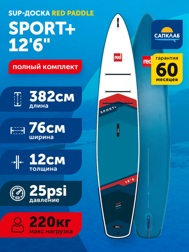 Сапборд надувной двухслойный Red Paddle 12.6x30x12cm Sport+ 2024, 382x76x12 см