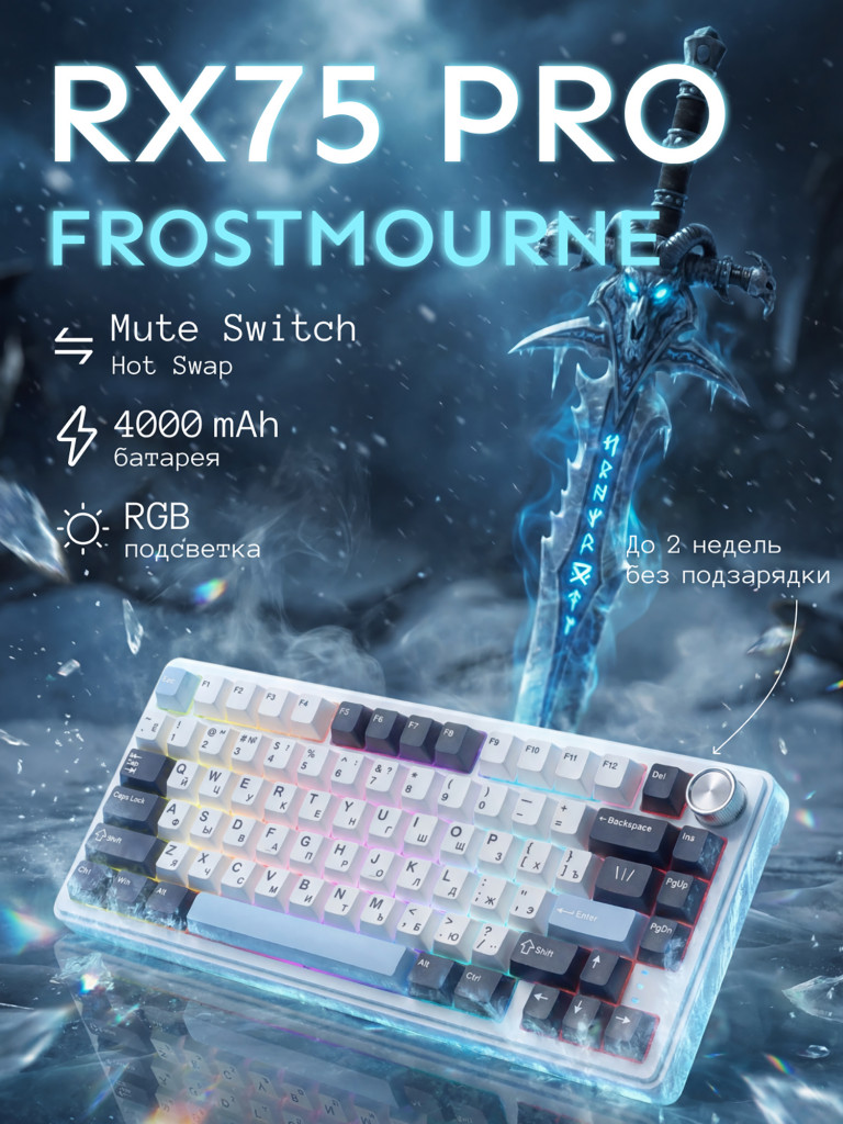 Игровая беспроводная клавиатура CYBERLYNX RX75 Pro Белый Темно-синий Голубой Mute switch