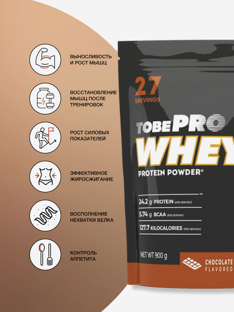 Протеин сывороточный без сахара TobePRO Whey Protein с ВСАА Шоколад, 900 г/30 порций