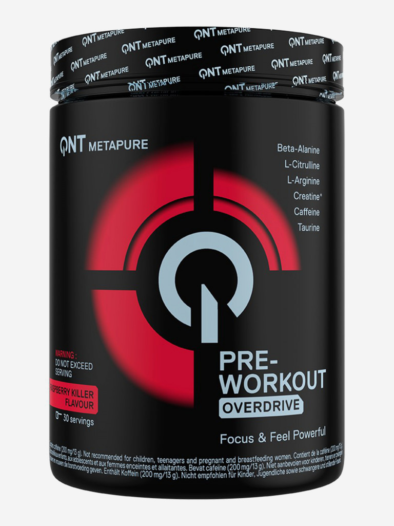 Предтренировочный комплекс, Креатин, Бета Аланин, QNT Metapure Pre-Workout Overdrive 390г, Малина.