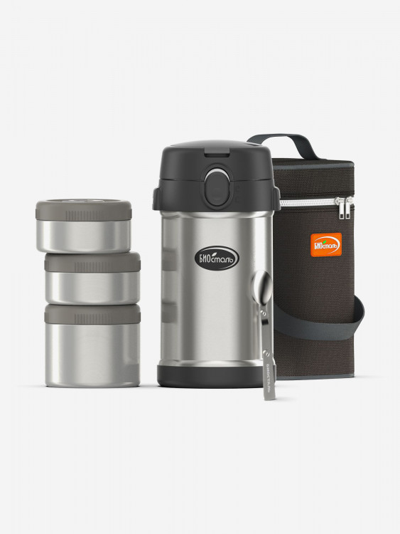 Термос для еды Биосталь 2100 мл с термочехлом, 3-мя метал.конт., ложкой