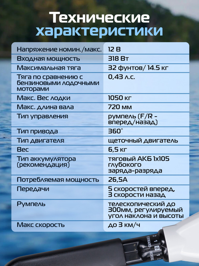 Лодочный электромотор OMOLON 32L, мощность 0.43л.с., румпельное управление