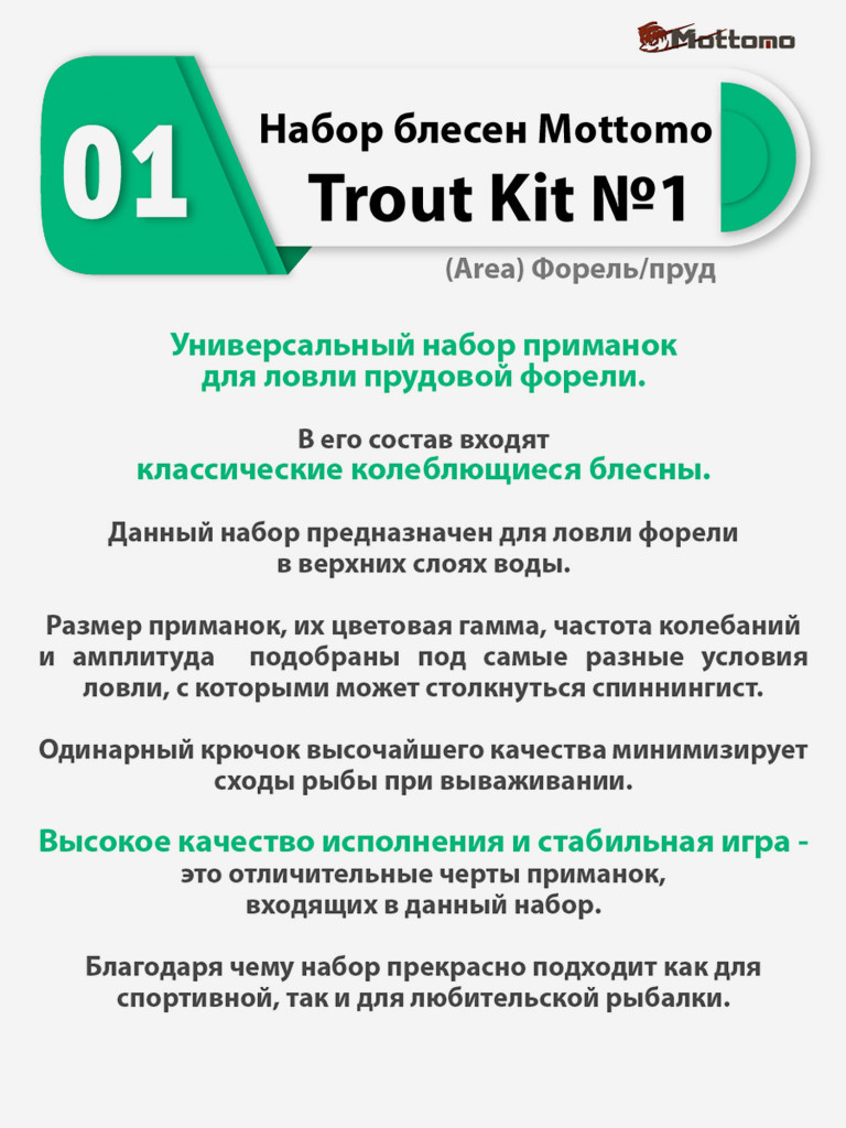 Набор блесен рыболовных для спиннинга Mottomo Trout Kit №1 (Area) Форель/пруд