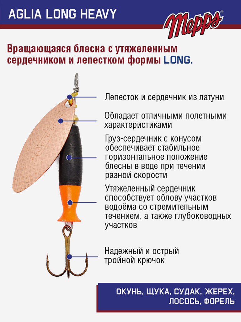 Блесна Mepps AGLIA LONG HEAVY 2 CU QUEUE ORG