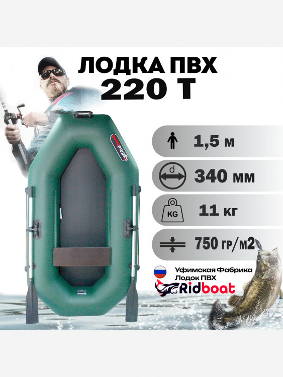 Лодка ПВХ Ridboat-220Т, зеленая,1,5-местная, диаметр борта 340мм, для рыбалки, для охоты и путешествий