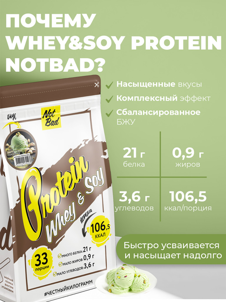 Протеин комплексный с соевым белком, NotBad Whey & Soy, 1000 г, Фисташка мороженое