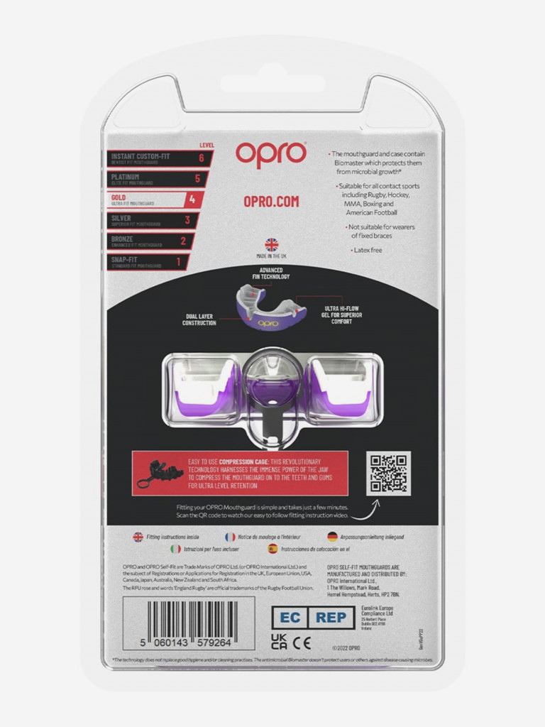 Боксерская капа взрослая, спортивная, защитная для зубов OPRO Self-Fit Gold - Purple/Pearl