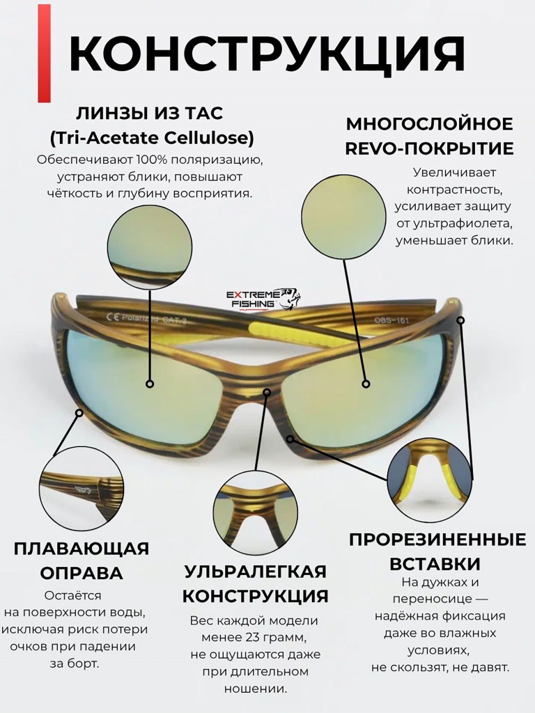Очки солнцезащитные поляризационные Extreme Fishing Obsession OBS-161, линзы желтый Revo, для рыбалки и вождения