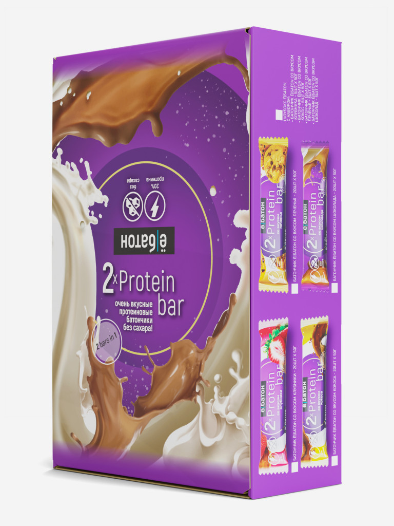 Протеиновые батончики Е-батон Protein bar без сахара набор ассорти 4 вкуса: печенье, кокос, шоколад, клубника (в шоу-боксе 20шт по 50г)