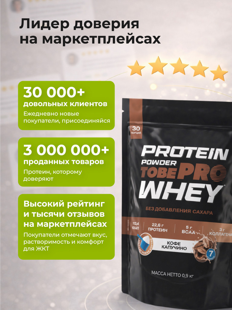 Протеин сывороточный без сахара TobePRO Whey Protein с коллагеном Кофе капучино, 900 г/30 порций