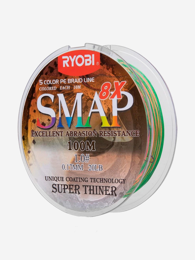 Шнур плетеный для рыбалки Ryobi SMAP PE8X, 100м, 0,165мм, 9кг, мультиколор