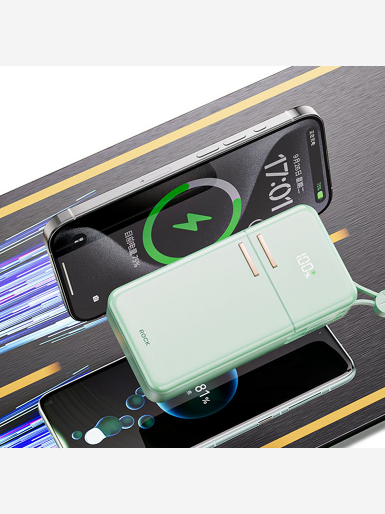 Внешний аккумулятор ROCK Y18 Fridge Series Fast Charging Power Bank with Cables зеленый
