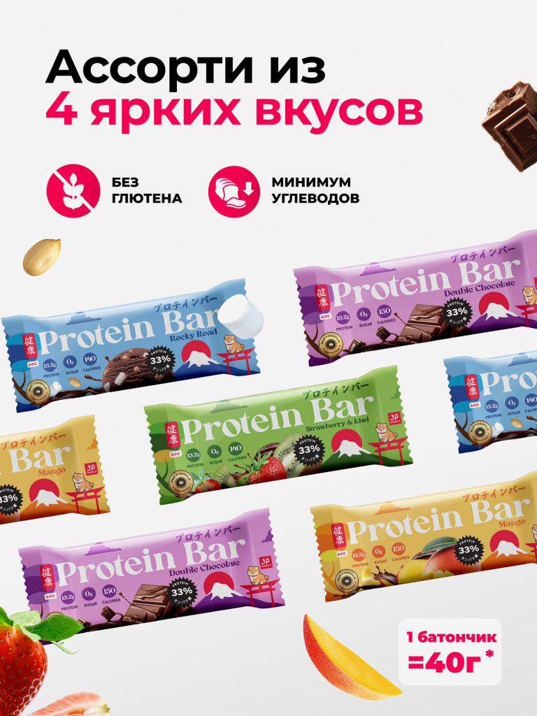Протеиновые батончики без сахара в шоколадной глазури, ассорти вкусов, 16шт