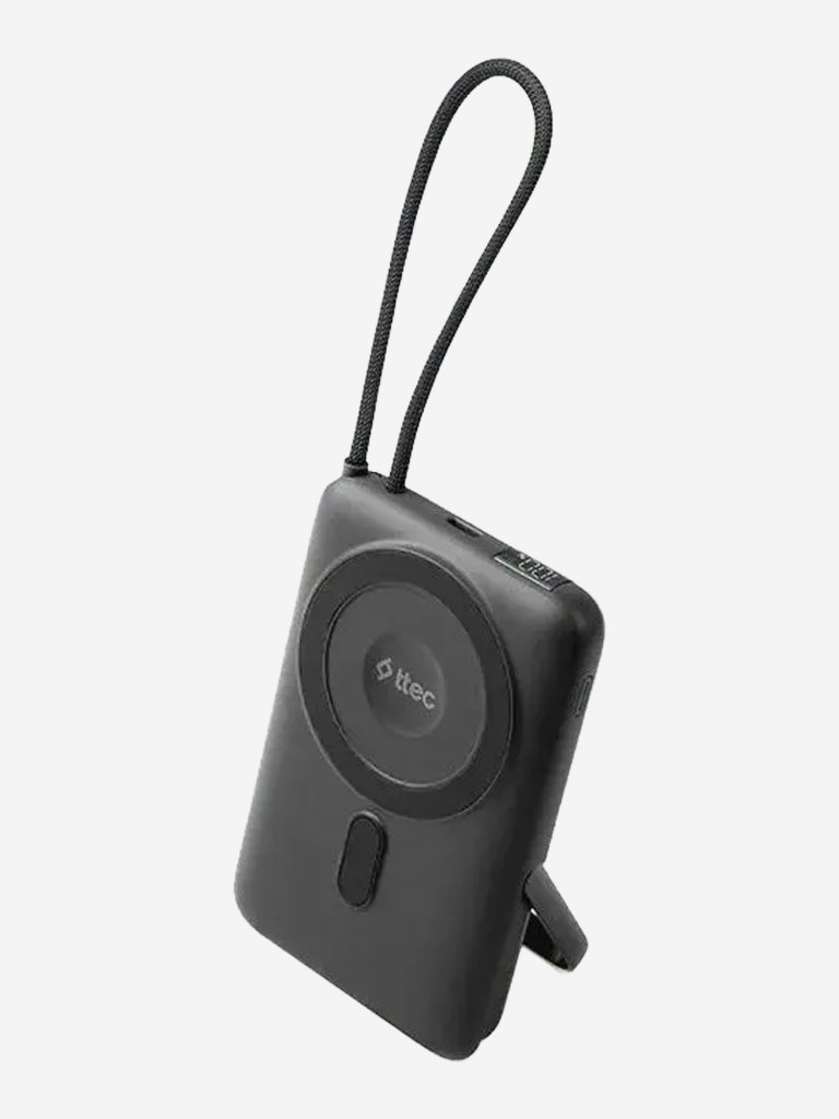 Внешний аккумулятор беспроводной TTEC Recharger M LCD 10000 mAh. MagSafe PD 20W Powerbank с кабелем USB-C и подставкой. Цвет: серый
