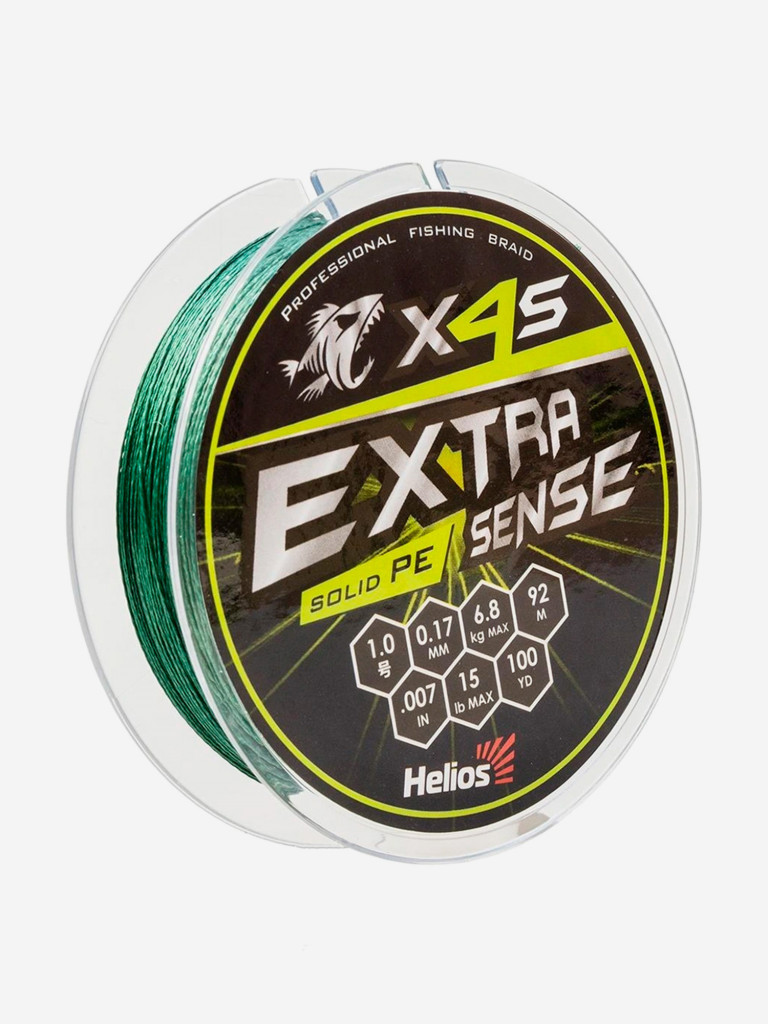 Шнур плетеный для рыбалки Helios Extrasense X4S PE, 92м, 0,17мм, 6,8кг, зеленый