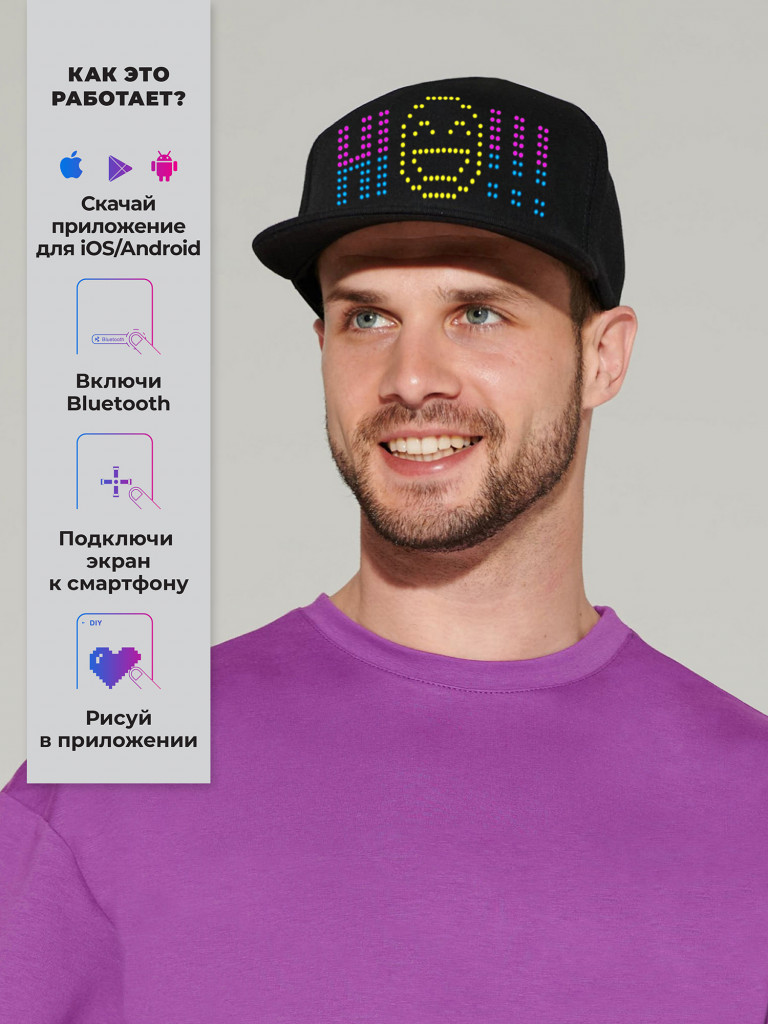 Умная бейсболка CYBERPIX Cyber Cap с LED экраном, кепка управляемая с телефона