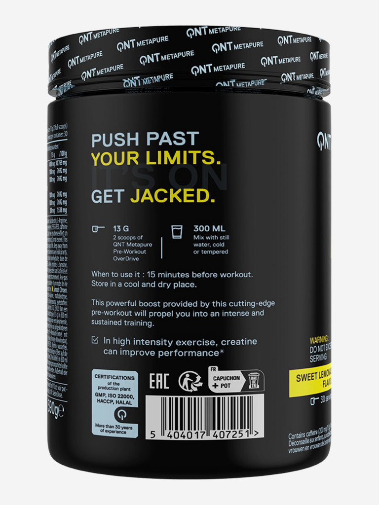 Предтренировочный комплекс, Креатин, Бета Аланин, QNT Metapure Pre-Workout Overdrive 390г, Лимонад.