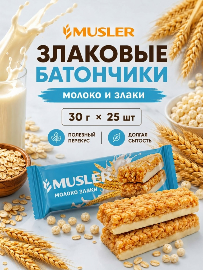 Батончики мюсли детские MUSLER Молоко и злаки, 25 шт