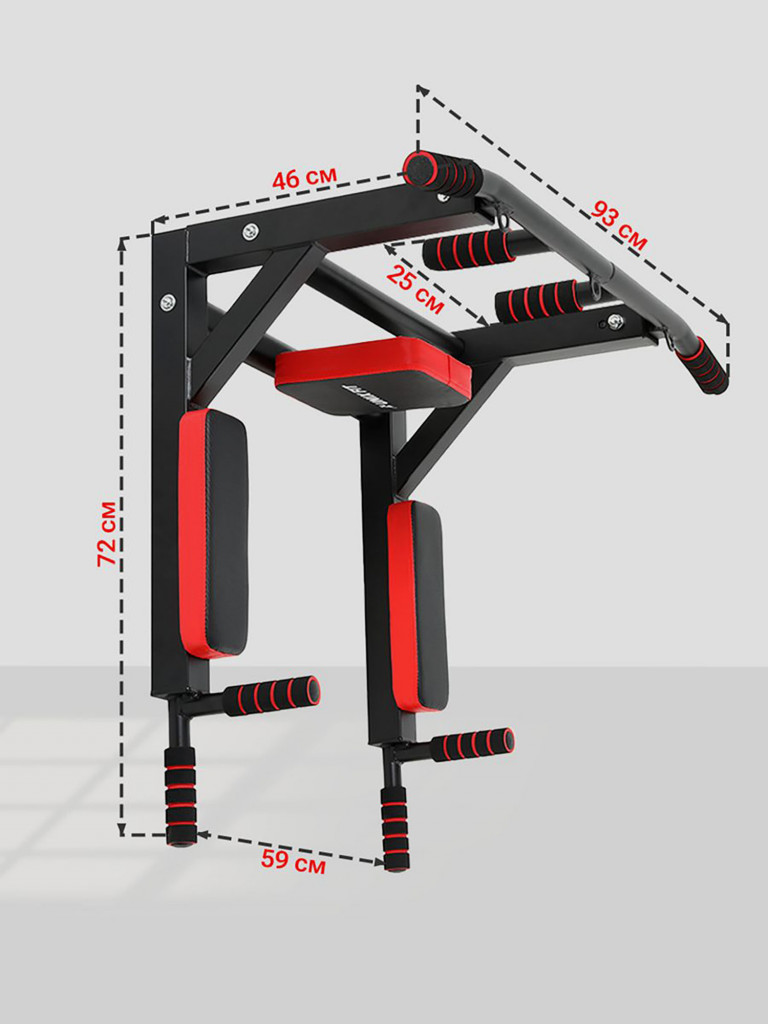 Турник настенный 3 в 1 UNIX Fit PULL UP 200 для домашних тренировок, 2  хвата, нагрузка до 200 кг., длина перекладины 93 см., кольца для крепления,  93х72х46 см. черный/красный цвет — купить