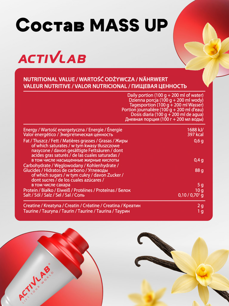 Гейнер Activlab Mass up, 5000г, 50 порций со вкусом ванили