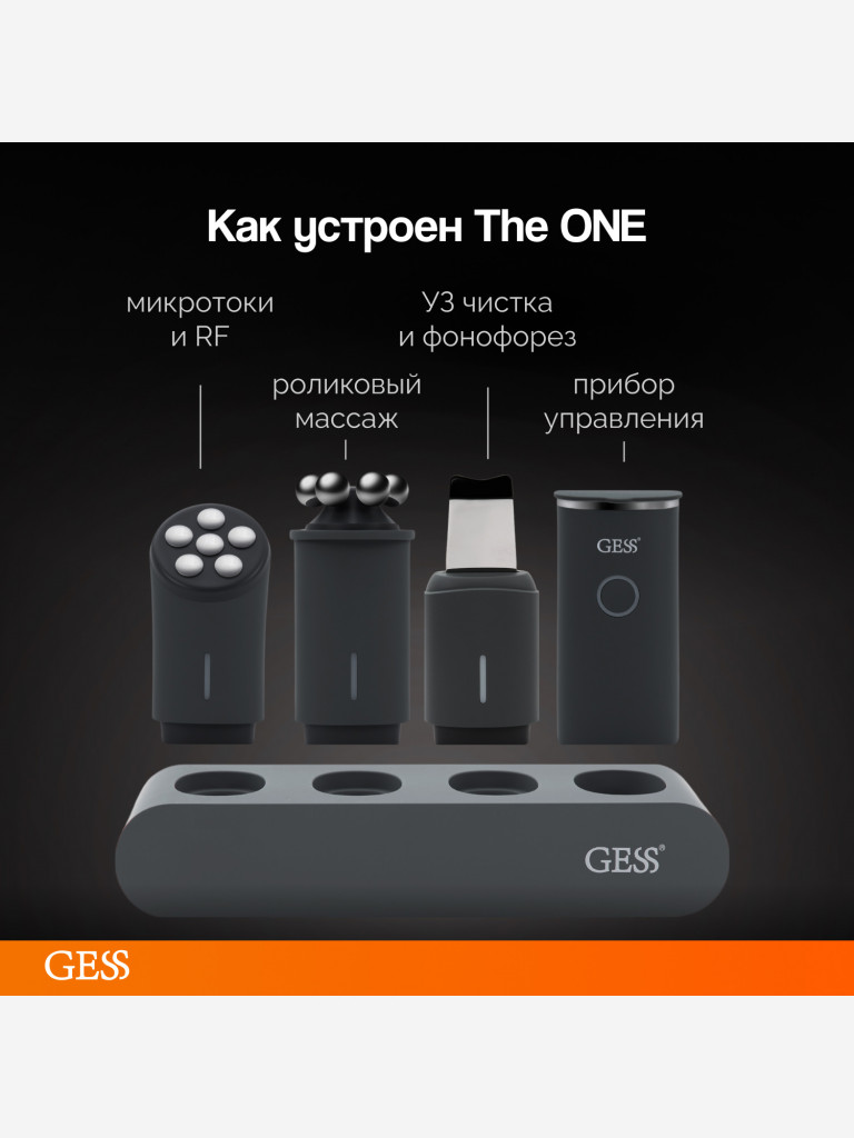 Прибор многофункциональный для лица с насадками GESS THE ONE, уз-чистка, микротоки, RF-лифтинг, роликовый массаж