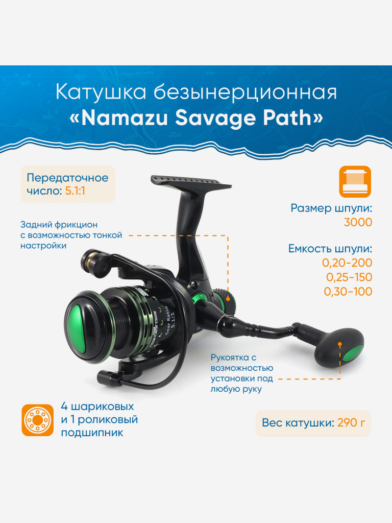 Катушка безынерционная Namazu Savage Path SP3000, 4+1 подшипник, металлическая шпуля + запасная.
